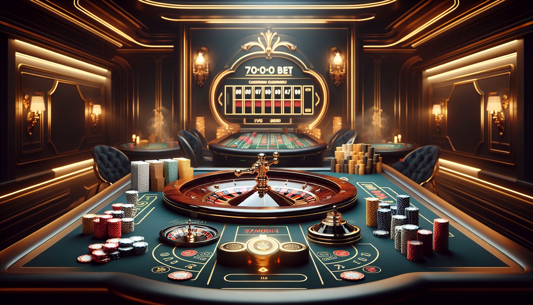 Elegant live casino setup with cards, roulette, and premium studio lighting