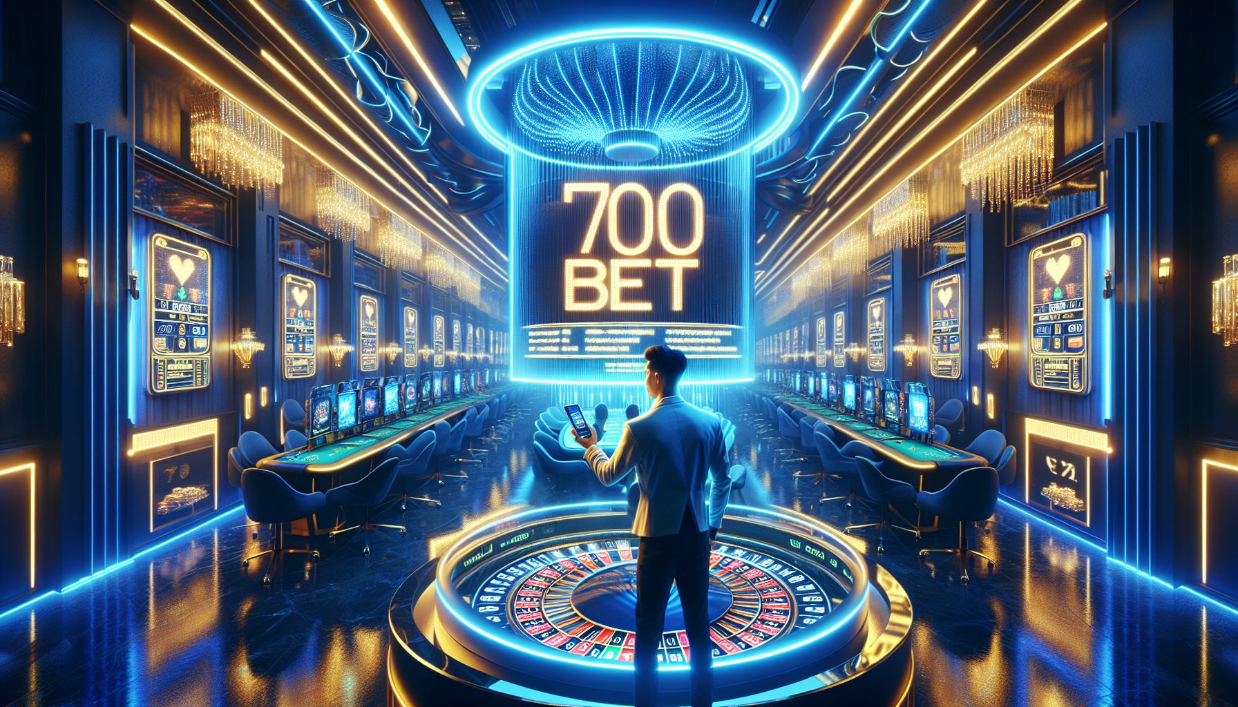 Bangladesh player in a modern neon gaming lounge with vivid casino visuals and glowing 7000bet atmosphere on multiple screens