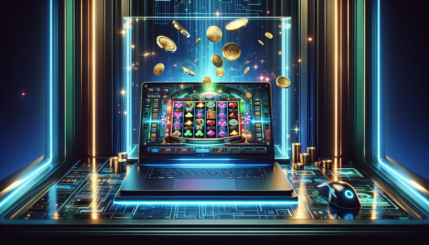 Laptop showing colorful casino reels, glowing chips and dynamic digital effects that reflect the fast and polished style of 7000bet in Bangladesh
