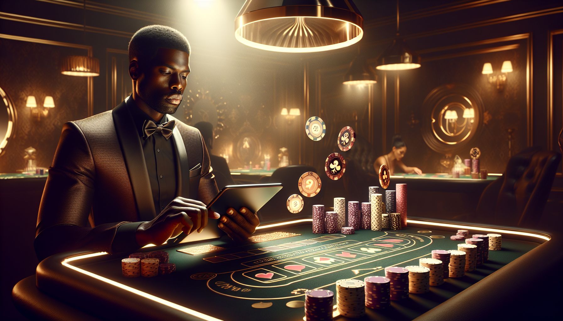 Confident player using a tablet with bright live casino visuals, gold accents and sleek digital lighting inspired by 7000bet in Bangladesh