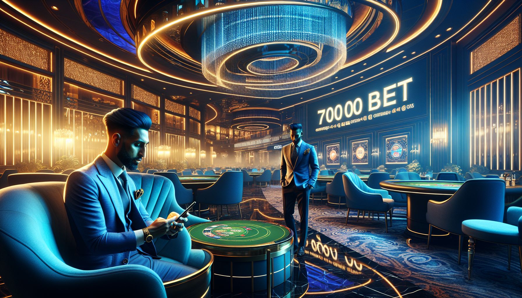 Confident Bangladeshi player using a smartphone in a stylish casino setting with colorful slot lights at 7000bet