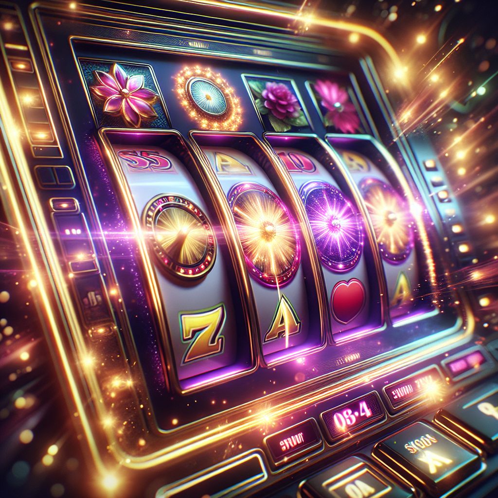 Detailed slot display with bright reels, premium graphics, and glowing effects on a modern gaming interface