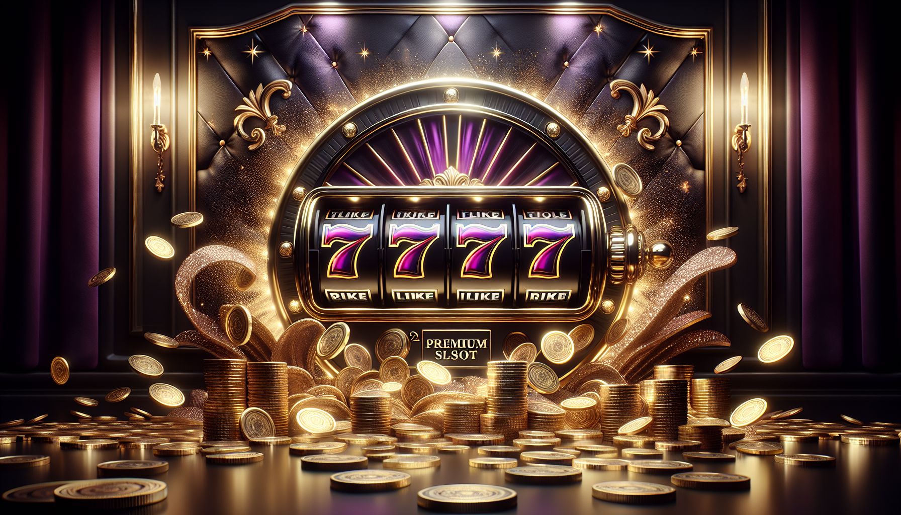 Premium slot reel with shining sevens, gold accents, and coins flying across a dramatic casino scene